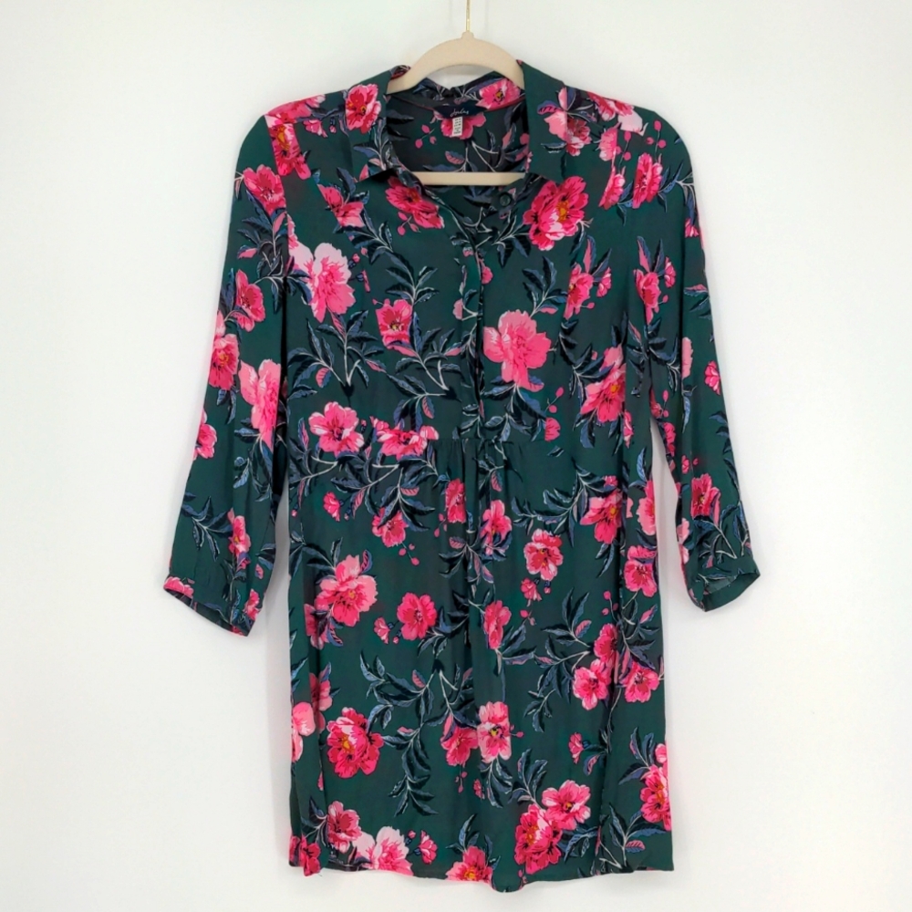 Joules Women's Athena Tunic Top Size 4 Floral Green Pink 1/2 Button Front Office